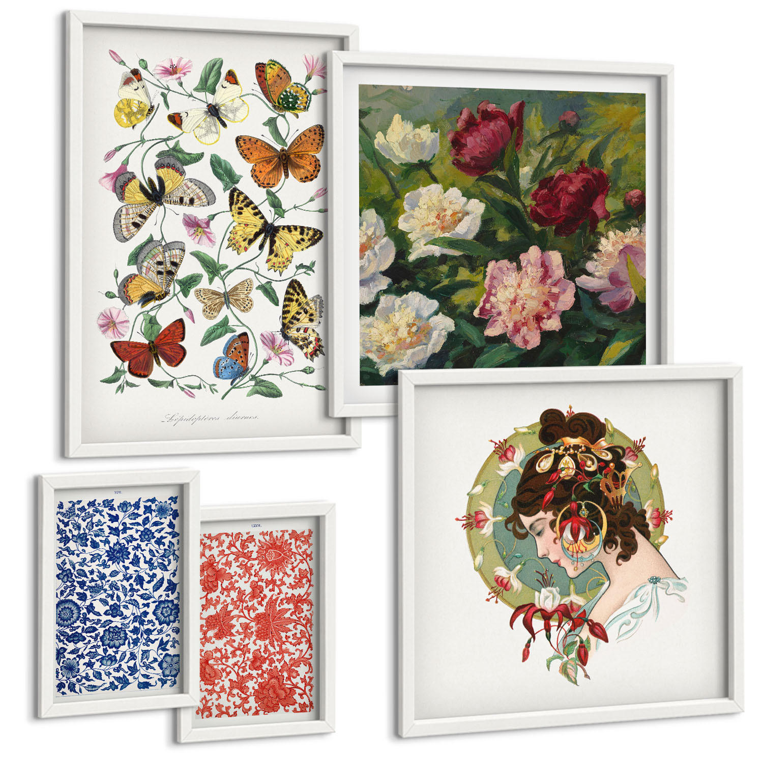 BILDER SET 5er Set - 50x50 cm & 20x30 cm & 40x60 cm Weißer Rahmen - Vintage-Blumen-Schmetterlings-Ornamente - Weiß, Kunststoff (40/60cm) - TULUP
