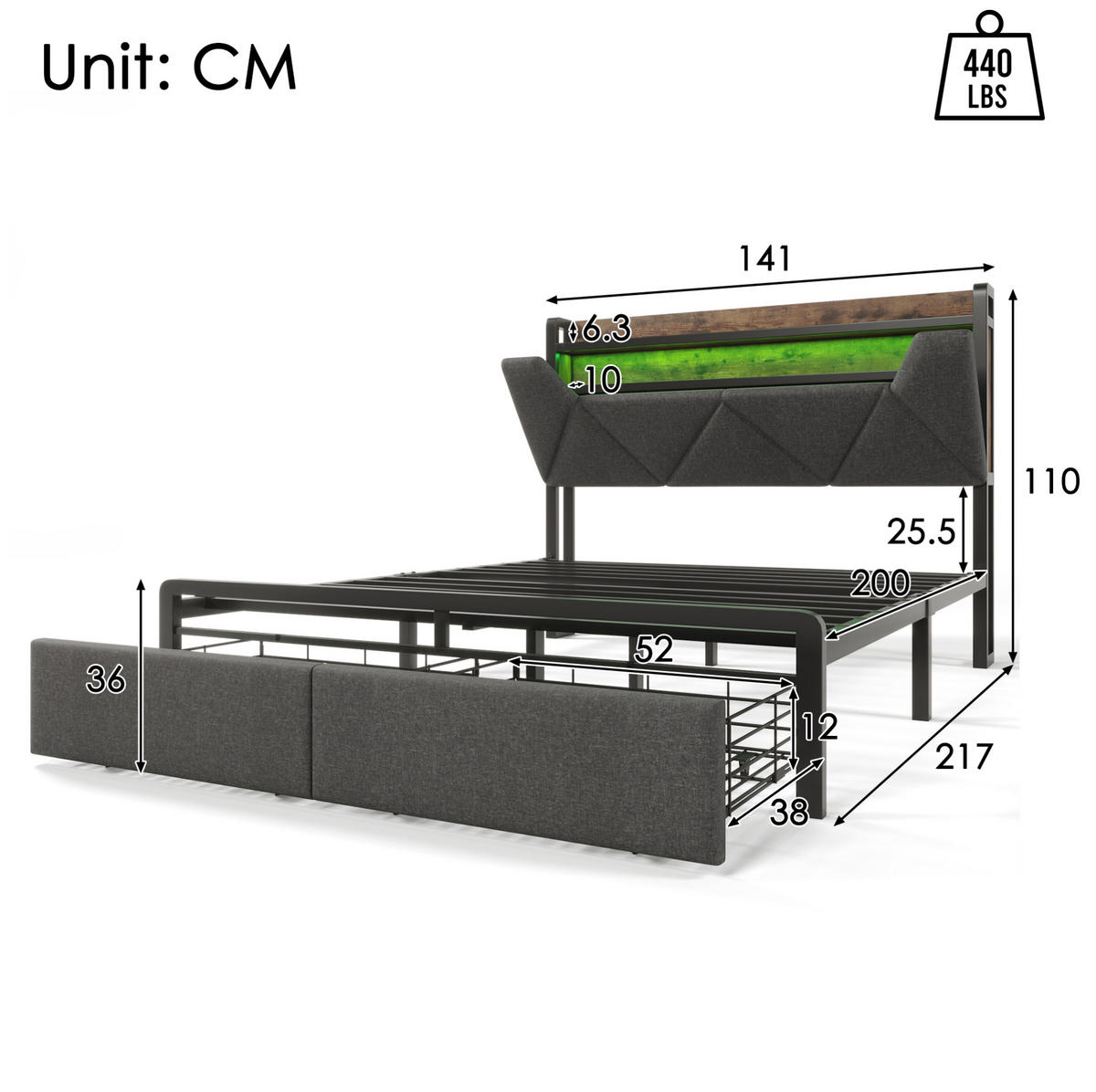 BETT 140/200 cm Grau mit Stauraum, LED-Beleuchtung und USB-Anschlüssen - Grau, Textil (140/200cm) - Flora Grace