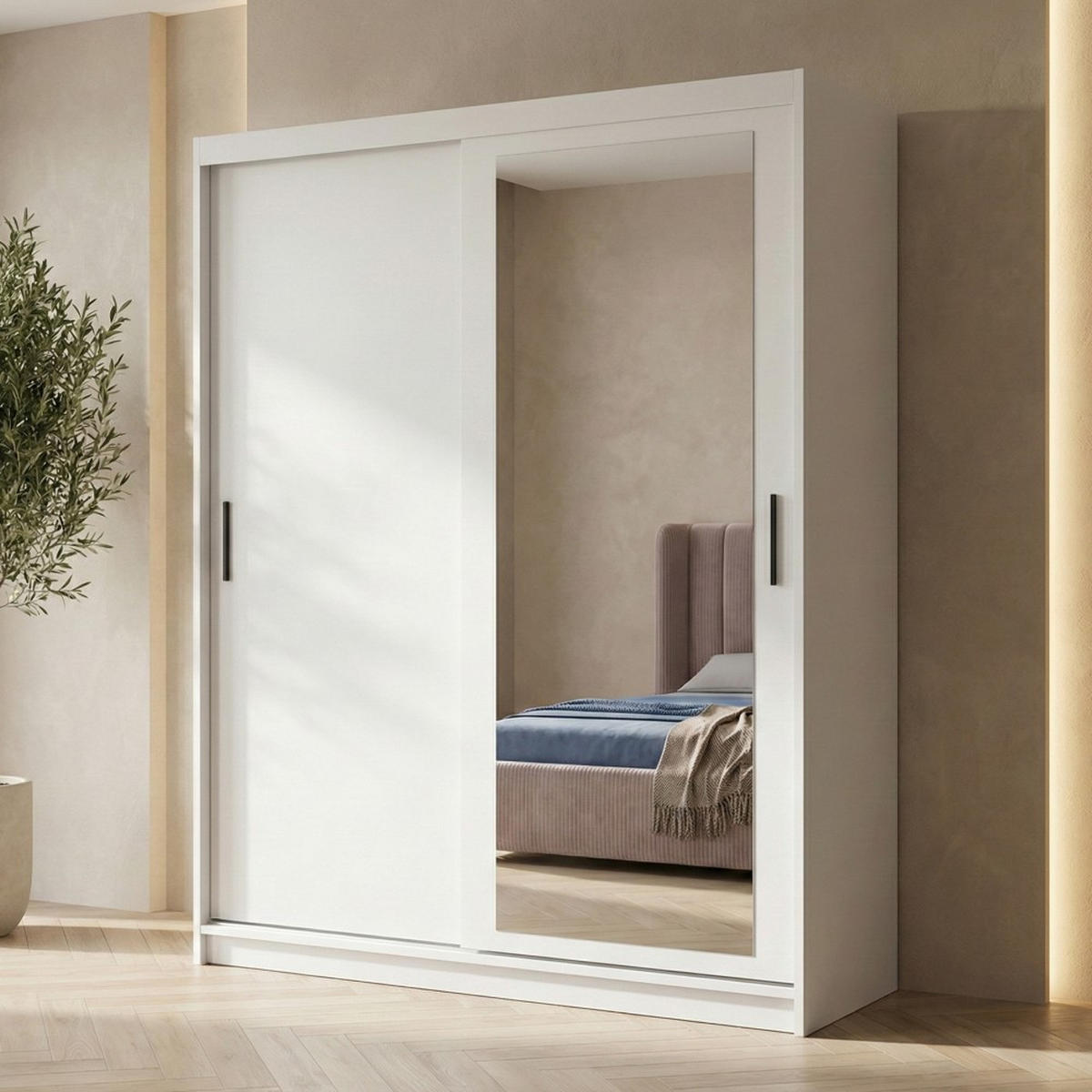 SCHWEBETÜRENSCHRANK Hela 160/205/60 2-türig weiß mit Spiegel - Weiß, Holzwerkstoff (160/205/60cm) - Beautysofa