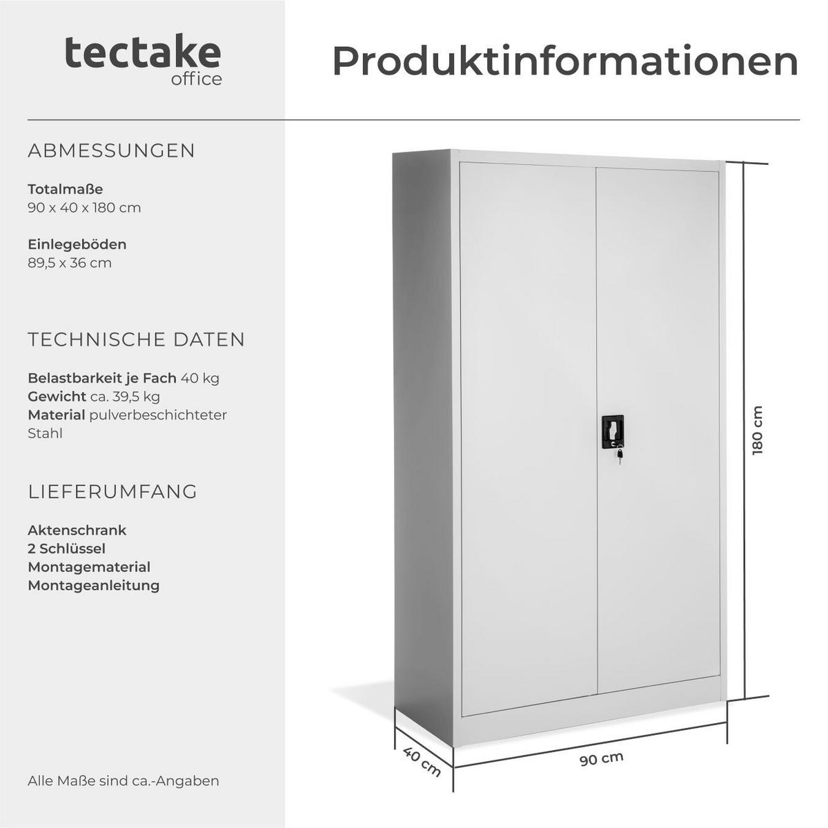 AKTENSCHRANK ,180 x 90 x 40 cm,grau - Grau, Metall (40/180/90cm) - tectake