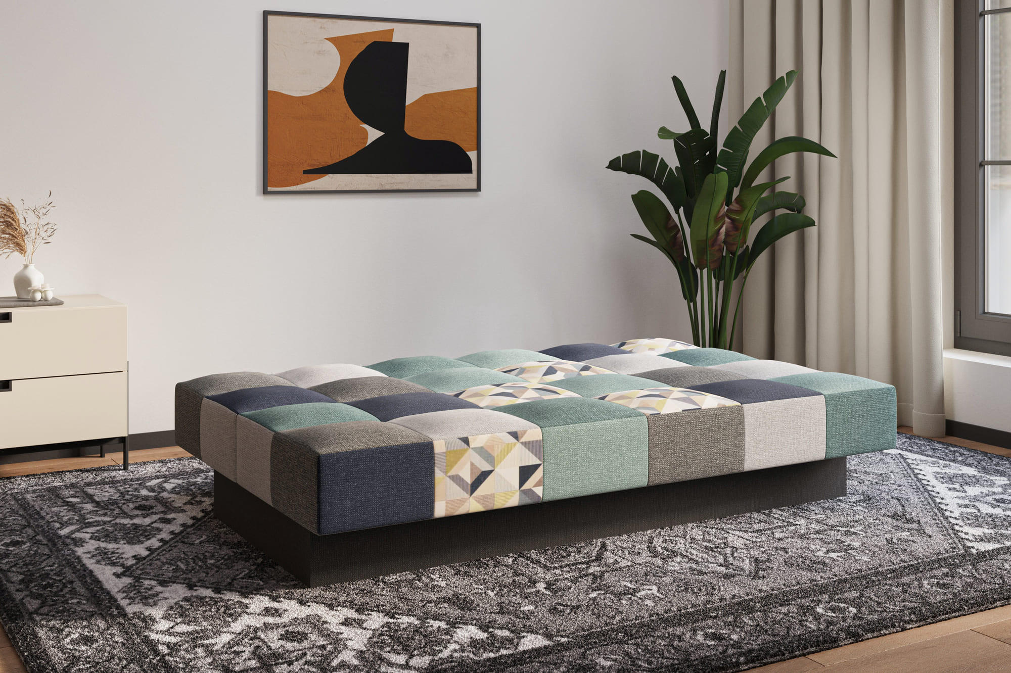 SCHLAFSOFA - Cyprus patchwork - Hellblau + Grau - Hellblau, Holz (192/85/92cm) - Möblo