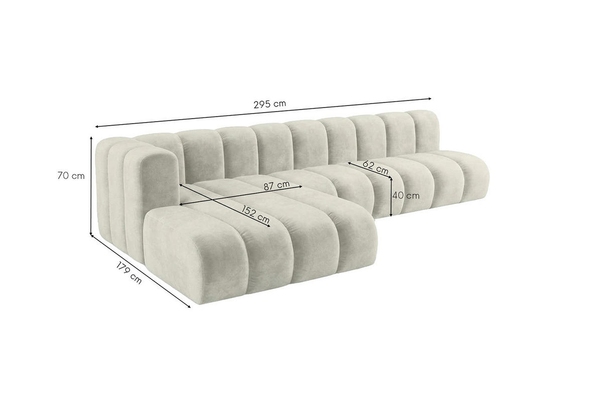 ECKSOFA Modulares In L-Form, Velvet-Stoff Riviera, Ecru, Links, GRAND 295 cm - Creme, Holz (295/179cm) - Kaiser Möbel