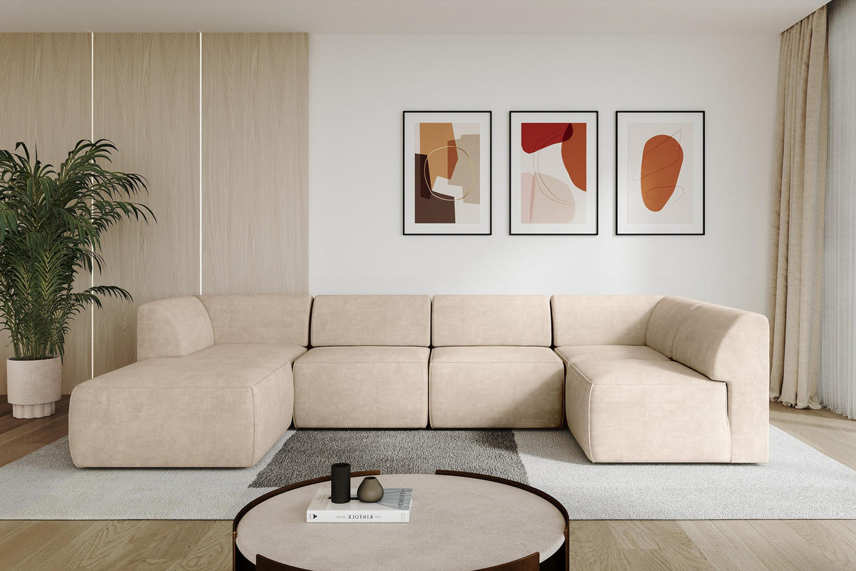 WOHNLANDSCHAFT Ottomane Links MOVA 345x180x78 Beige Samt - Beige/Schwarz, Holzwerkstoff/Kunststoff (180/78/345cm) - ALTDECOR