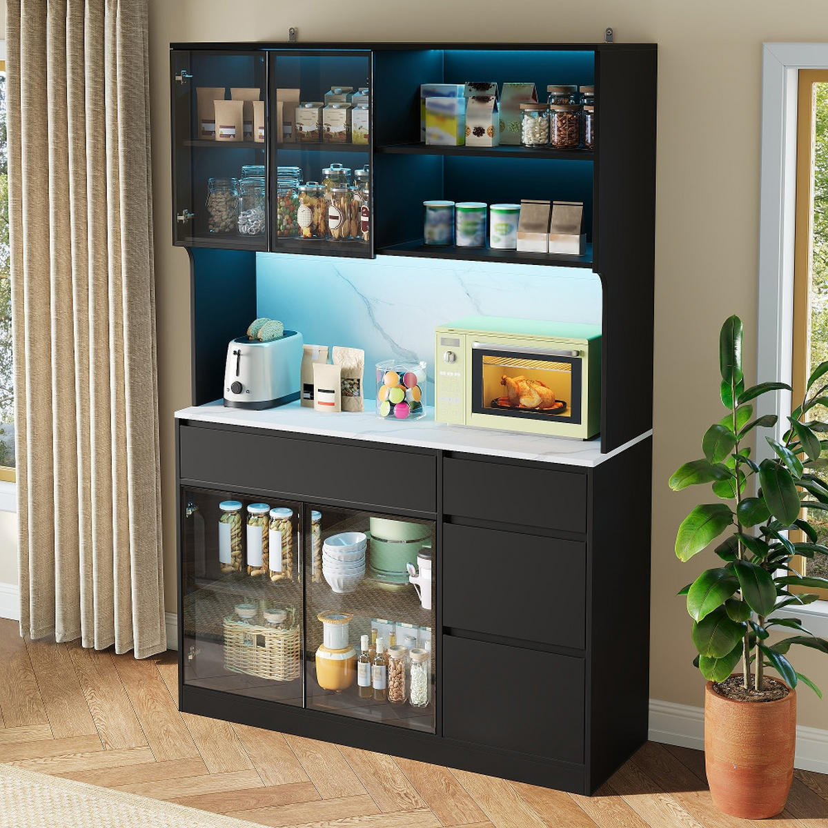 KÜCHENSCHRANK Vitrine Sideboard mit LED-Beleuchtung, Marmoroptik, MDF Schwarz-Weiß, 120/180/40 cm - Schwarz, Kunststoff (40/180/120cm) - Rolipo