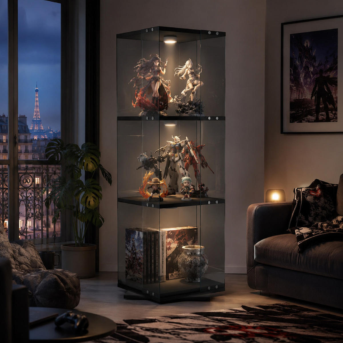 DREHVITRINE 360° mit RGB LED, 3 Ebenen, Glasvitrine schwarz für Deko - Schwarz, Glas (38/121/38cm) - SHOPENTRA