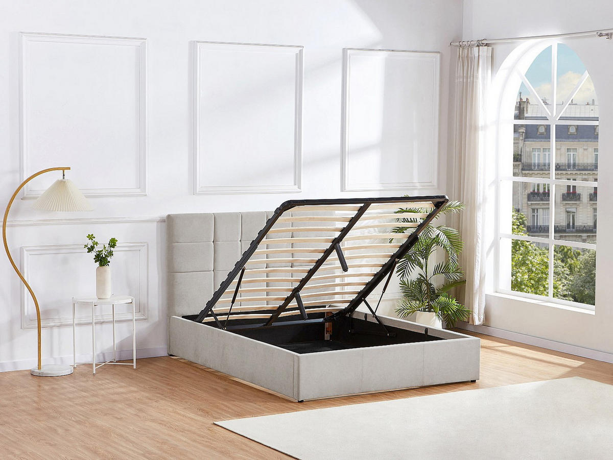 BETT mit Bettkasten - 2 Personen - Stoff - Hellgrau - - Hellgrau, Textil (160/200cm) - Vente-Unique