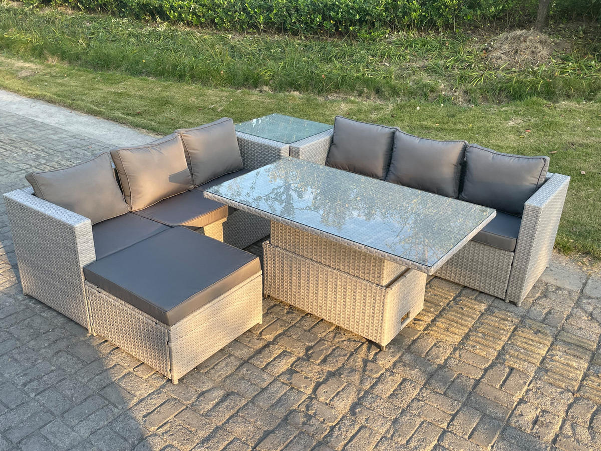 GARTENMÖBEL SET mit höhenverstellbarer Tisch Polyrattan Helles Grau 7-Sitzer - Hellgrau, Metall - Fimous