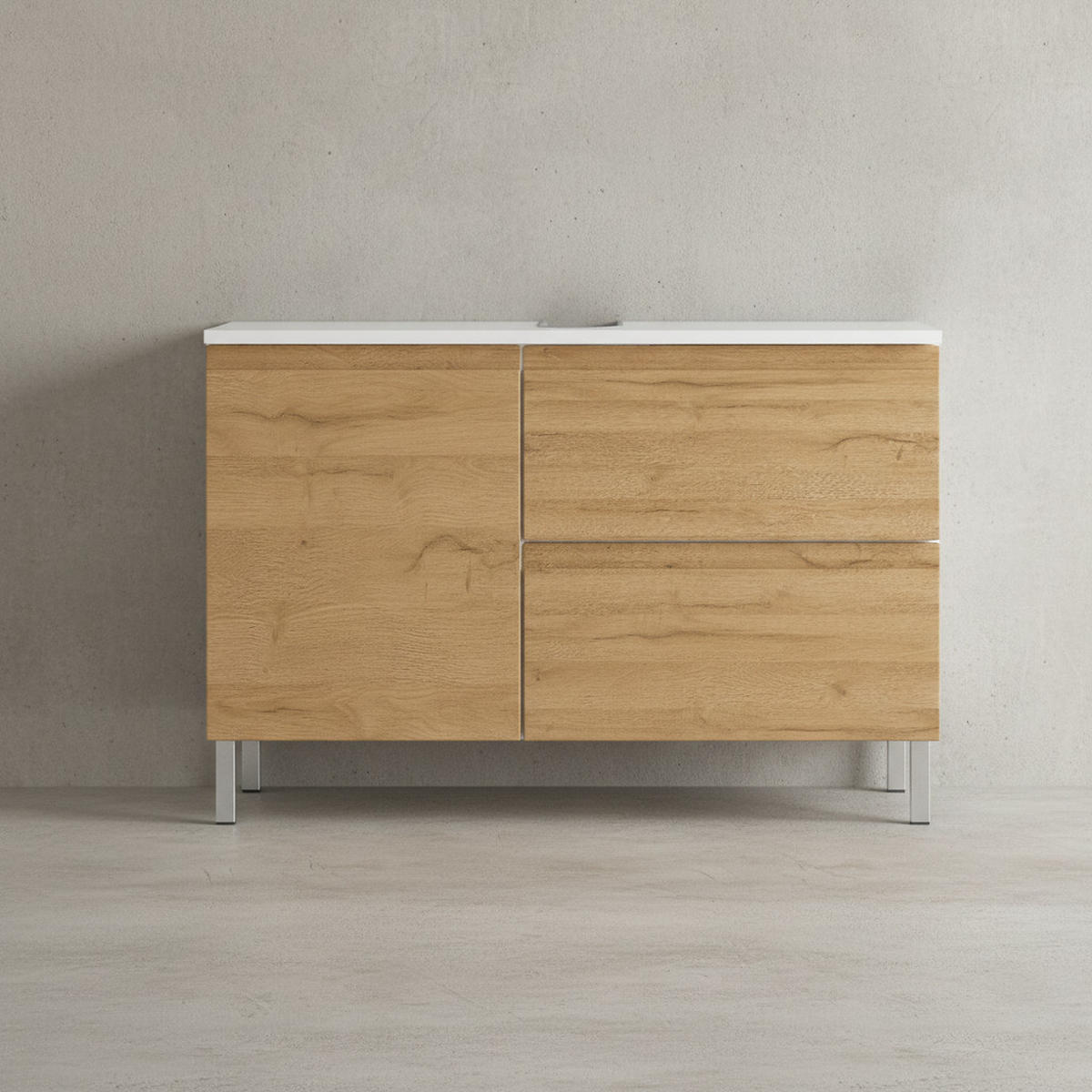 WASCHBECKENUNTERSCHRANK Weiß und Eiche Grandson 80x34x56 cm mit Chromfüßen VEER - Weiß, Holz/Metall (80/56/34cm) - KADIMA DESIGN