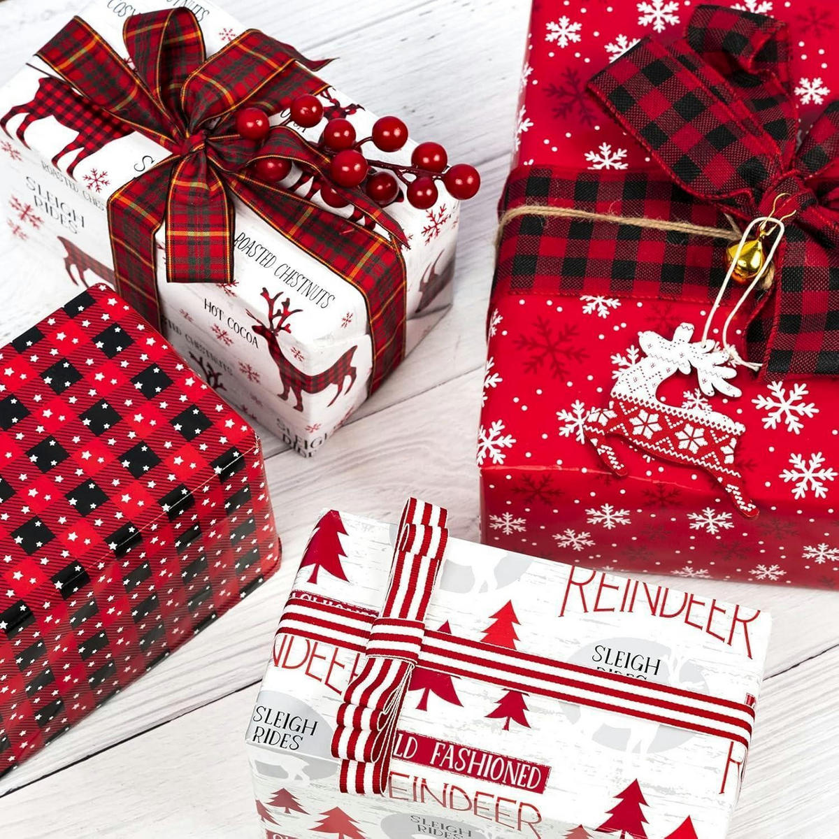 GESCHENKPAPIER 4 Rollen 76 cm x 305 cm Rot Weihnachtsmotive - Multicolor, Papier (4/76/15cm)