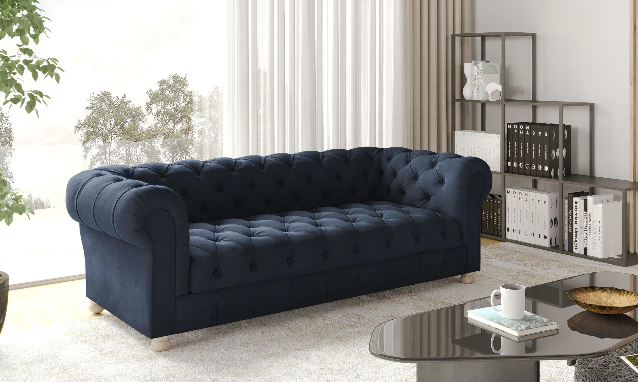 SOFA CHESTERFIELD Elegant Klassisch Schick Stoff Whisper Velours Blau - Blau, Holz/Textil (202/77/90cm) - Kaiser Möbel
