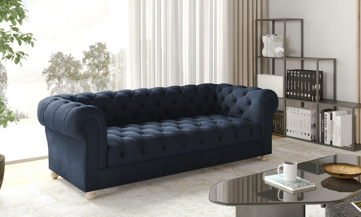 SOFA CHESTERFIELD Elegant Klassisch Schick Stoff Whisper Velours Blau - Blau, Holz/Textil (202/77/90cm) - Kaiser Möbel