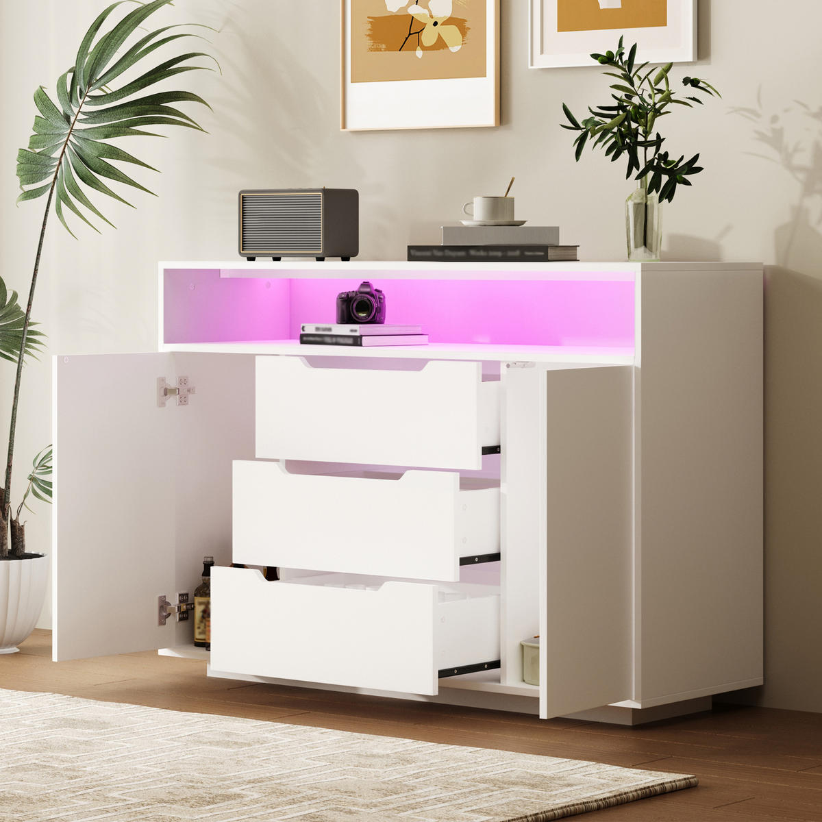 SIDEBOARD 120/40/85 cm weiß aus Holzwerkstoff mit offenem Regal, 3 Schubladen und LED - Weiß, Holzwerkstoff (120/85/40cm) - OKWISH