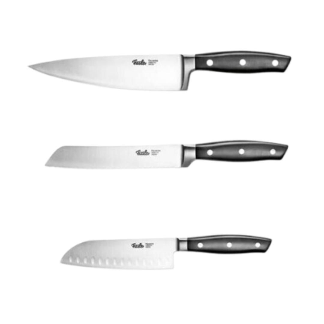 KÜCHENMESSER SET 3-tlg Schwarz, Brotmesser, Santokumesser, Kochmesser, Edelstahl, Schneidemesser, Küchenzubehör, Profi Messer, Klingenstahl - Silberfarben/Schwarz, Kunststoff/Metall - Fissler
