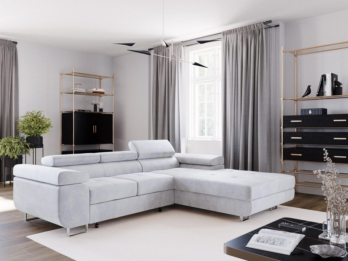 ECKSOFA VEMO CORE Rechts Schwarz Velours-Stoff mit Schlaffunktion und Bettkasten - Schwarz, Holz/Metall (280/205cm) - Barchello