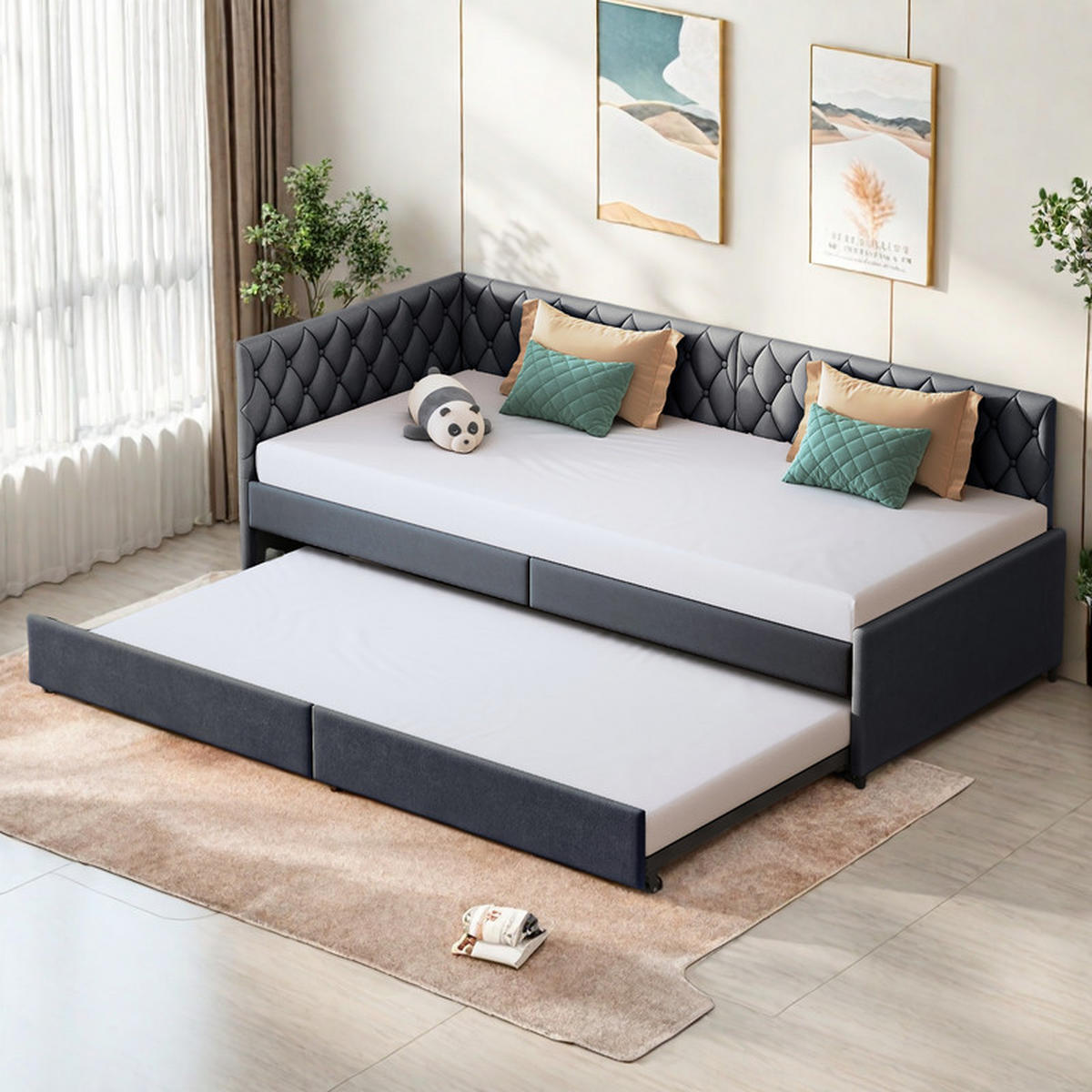 SCHLAFSOFA 90x200 cm, Samt Grau, Einzelbett ausziehbar, mit Lattenrost, ohne Matratze - Grau, Holz (90/200cm) - WoodenAura