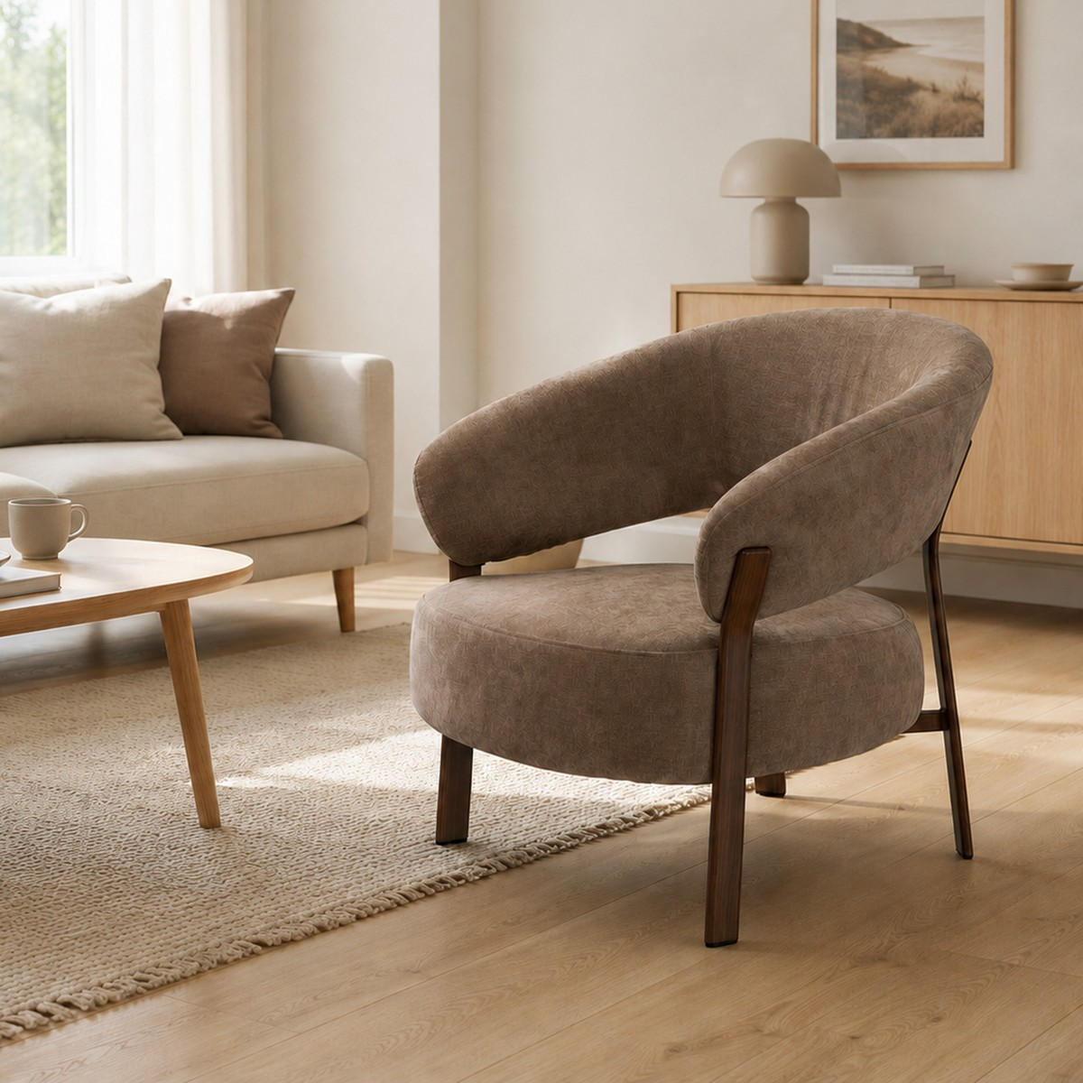 SESSEL aus beigem Stoff mit Metallbeinen in Nussbaumoptik 72/76/78 cm - Beige, Textil (72/76/78cm) - Calicosy