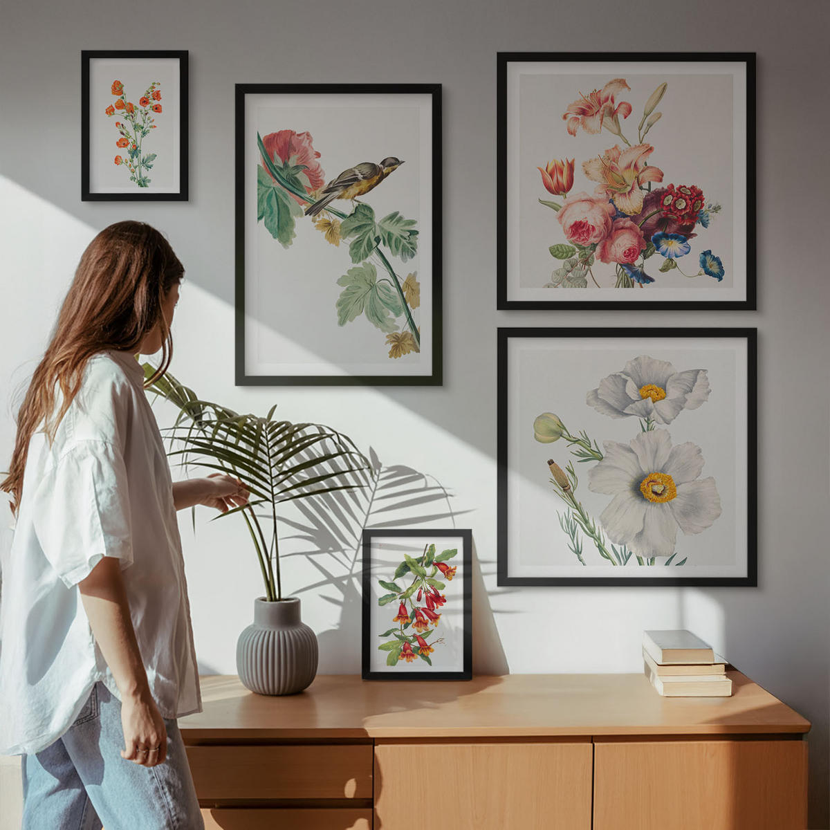 BILDER SET 5er Set - 50x50 cm & 20x30 cm & 40x60 cm Schwarzer Rahmen - Gemalte Blumen, Retro-Vogel - Schwarz, Kunststoff (40/60cm) - TULUP