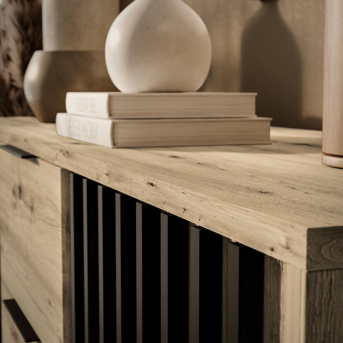 KOMMODE NELA, zweitürig mit Lamellen, Artisan/Schwarz - Eiche Artisan, Holzwerkstoff (155/86/45cm) - Lookway