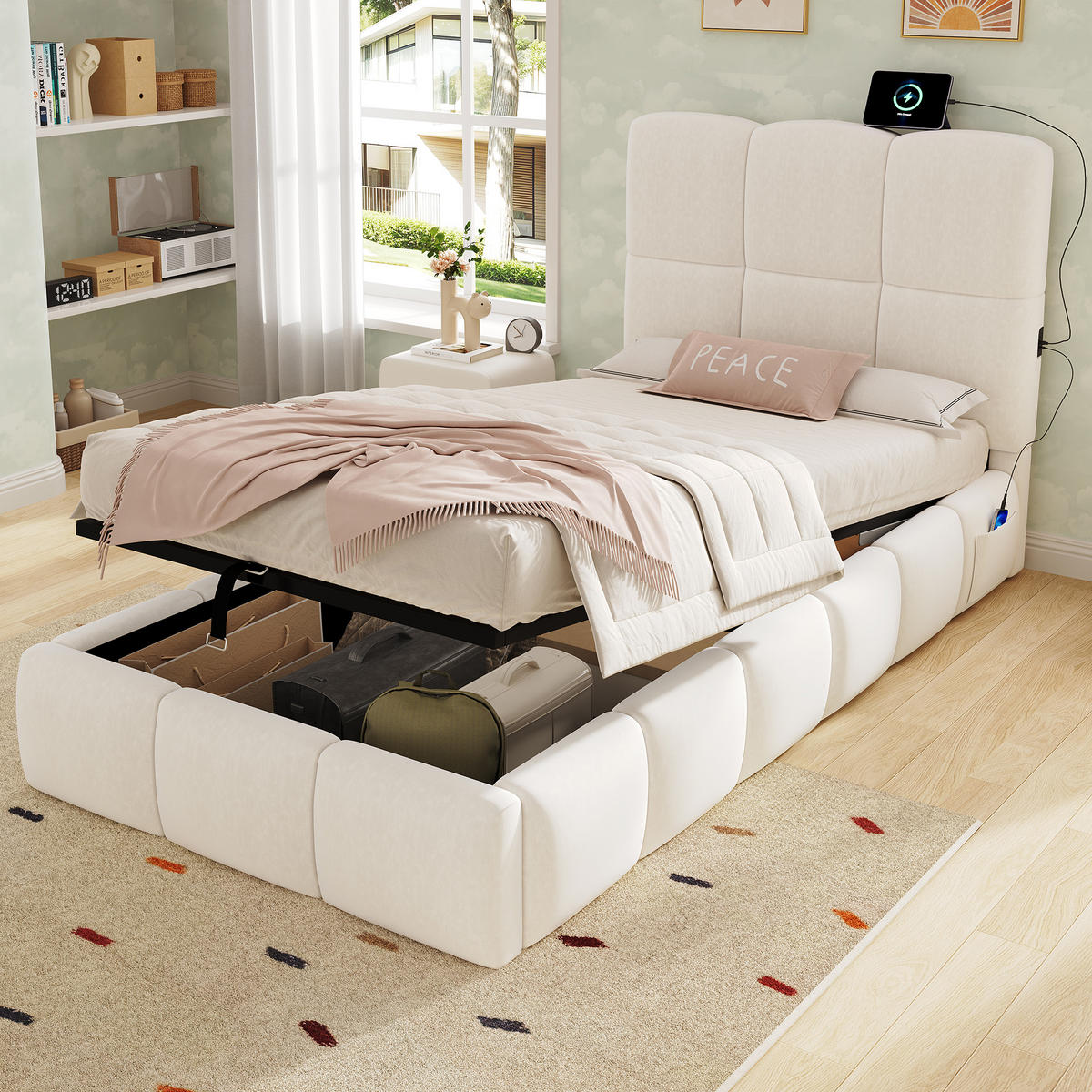 KINDERBETT 90/200 cm in Beige Samt mit Stauraum und USB - Beige, Holzwerkstoff/Textil (90/200cm) - WISHDOR