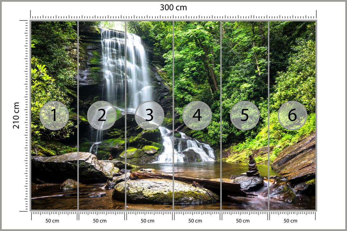 FOTOTAPETE Wasserfall im Dschungel Bäume Felsen 3D 300x210 - Braun/Weiß, Papier (300/210cm) - Muralo