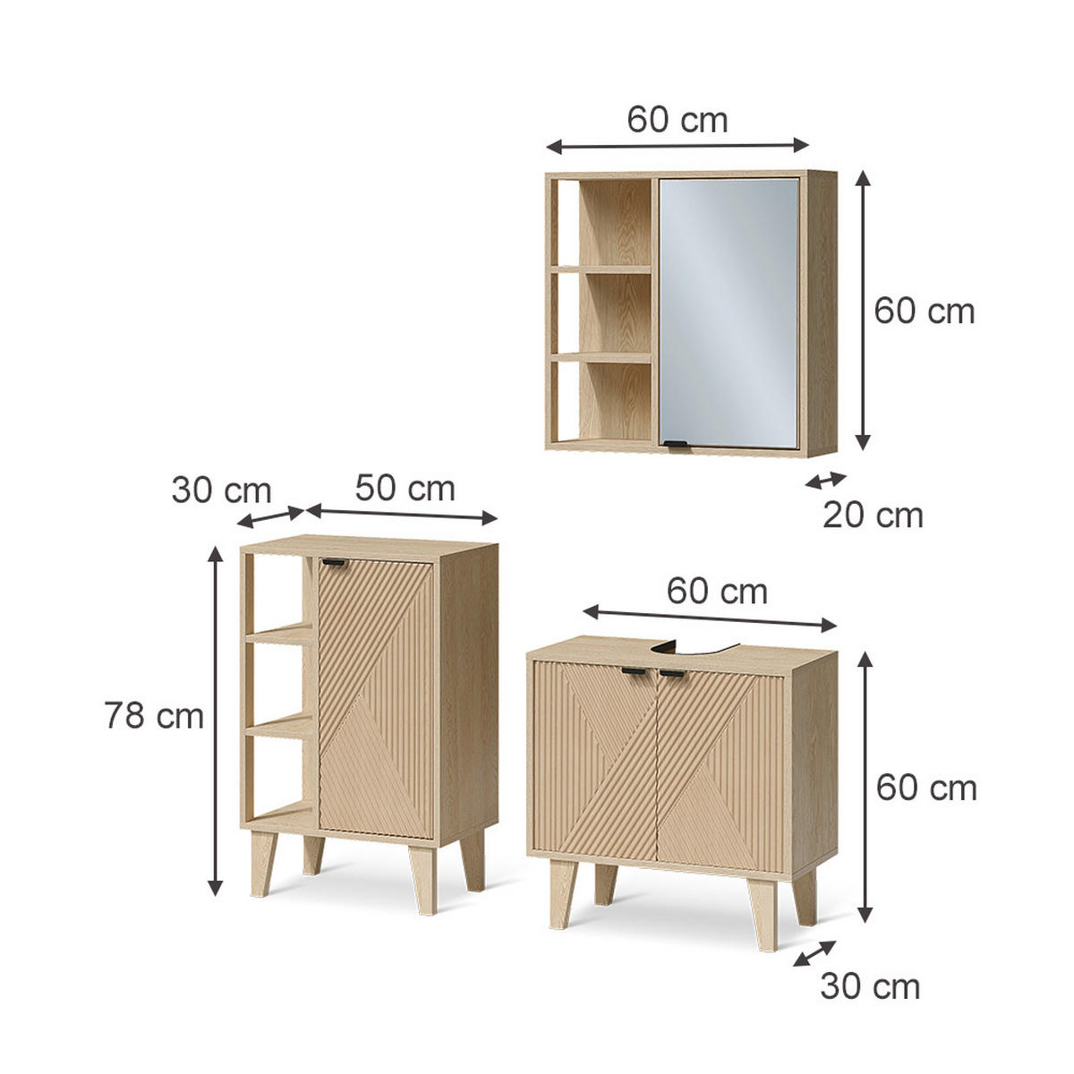 BADMÖBEL-SET Arven, Eiche, 3-er Set mit Midischrank - Eichefarben, Holzwerkstoff (60/60/30cm) - Vicco