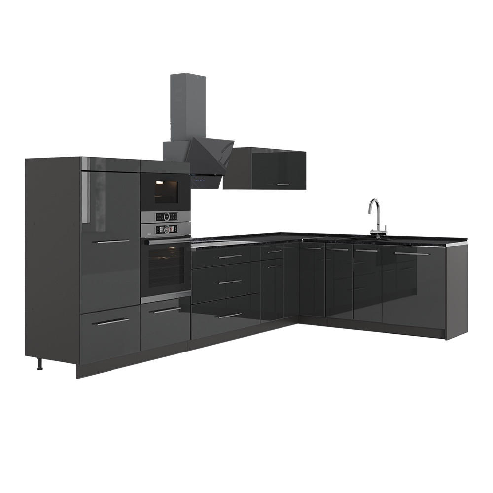 ECKKÜCHE Fame-Line, Anthrazit Hochglanz/Anthrazit, 347 x 207 cm ohne Arbeitsplatte - Schwarz Hochglanz/Anthrazit, Holzwerkstoff (347/153.6/51.6cm) - Vicco