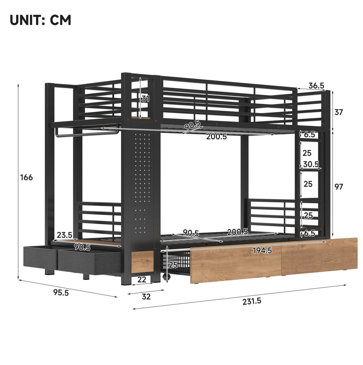 ETAGENBETT aus Metall und MDF 90x200 cm Schwarz mit LED-Beleuchtung, Schubladen und Stauraum - Schwarz, Holzwerkstoff (90/200cm) - Modfu