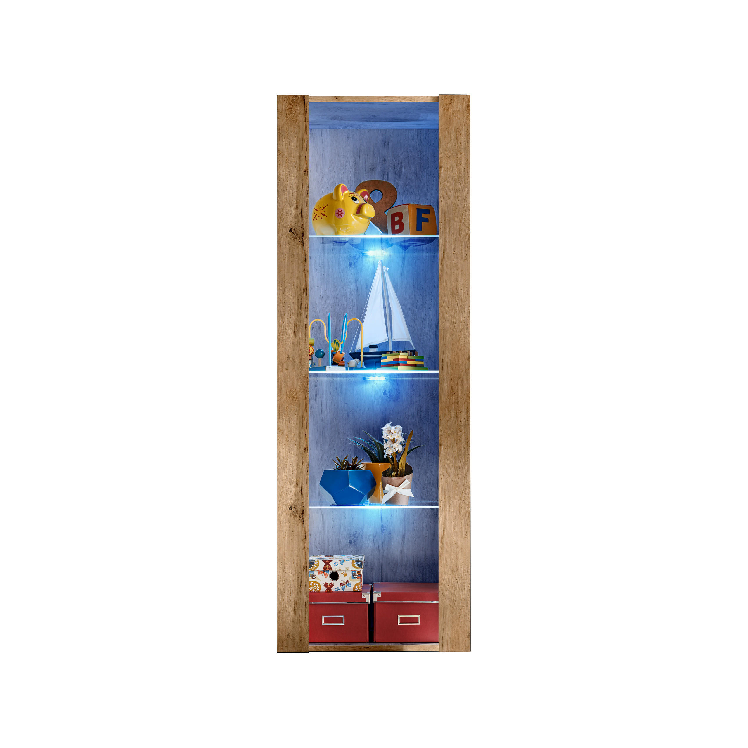 VITRINE TIVOLI, Eiche Wotan + Eiche Wotan, LED Blau - Eiche Wotan, Glas/Holzwerkstoff (55/159/35cm) - Komodee