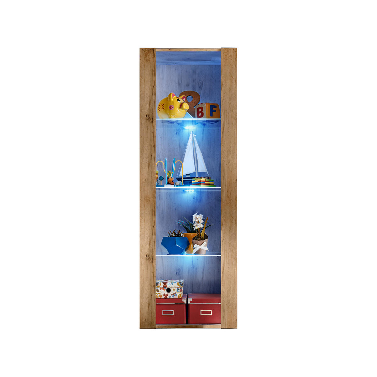 VITRINE TIVOLI, Eiche Wotan + Eiche Wotan, LED Blau - Eiche Wotan, Glas/Holzwerkstoff (55/159/35cm) - Komodee