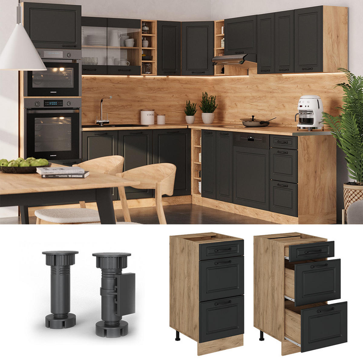 KÜCHENUNTERSCHRANK R-Line Anthrazit Landhaus 40 cm mit Schubladen, AP Anthrazit - Honigeiche/Anthrazit, Holzwerkstoff (40/81.6/60cm) - Vicco