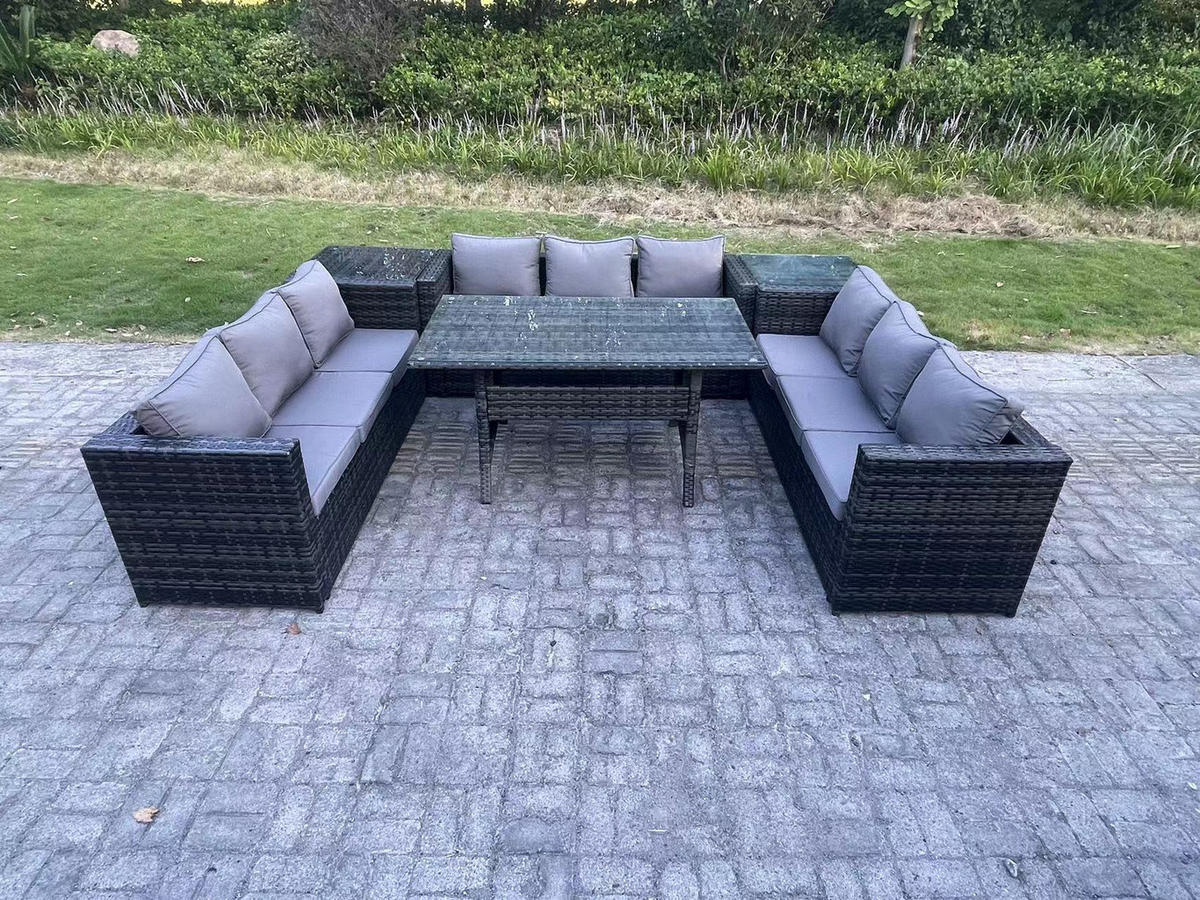 GARTENMÖBEL SET mit Beistelltischen,Esstisch Polyrattan 9-Sitzer - Dunkelgrau/Grau, Glas/Kunststoff - Fimous