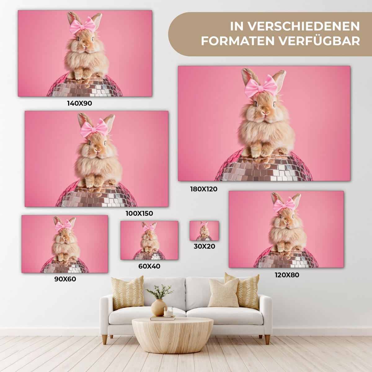 LEINWANDBILD Schleife - Discoball - Kaninchen Gemälde 60x40 cm - Pink, Textil (60/40cm) - MuchoWow