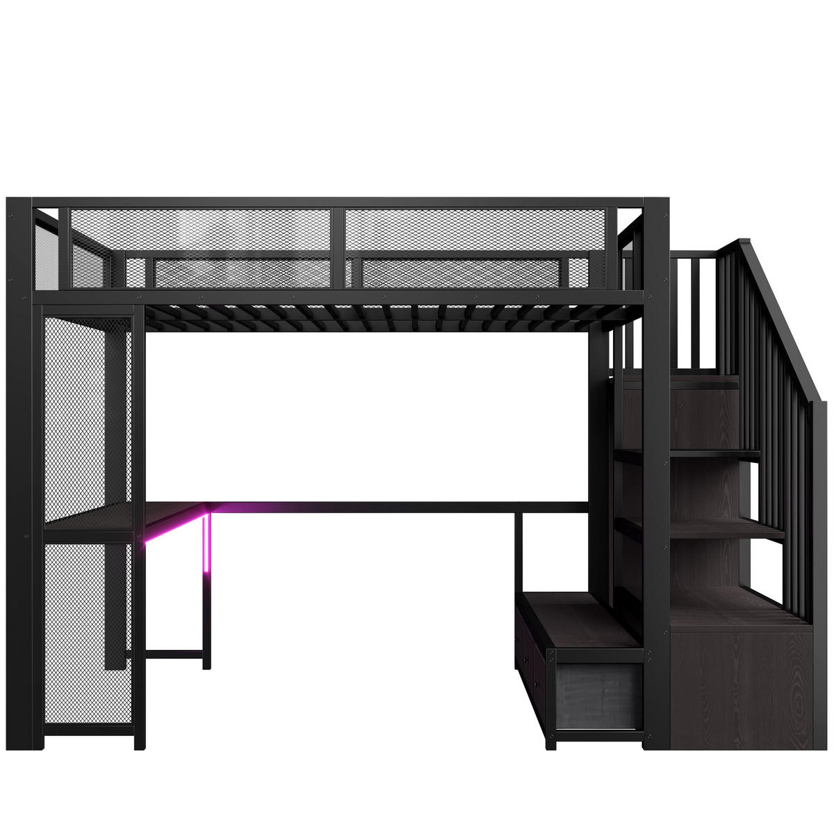 HOCHBETT 140x200 cm mit Treppe/USB-Anschluss und LED-Beleuchtung, Schwarz - Schwarz, Metall (140/200cm) - KOMHTOM