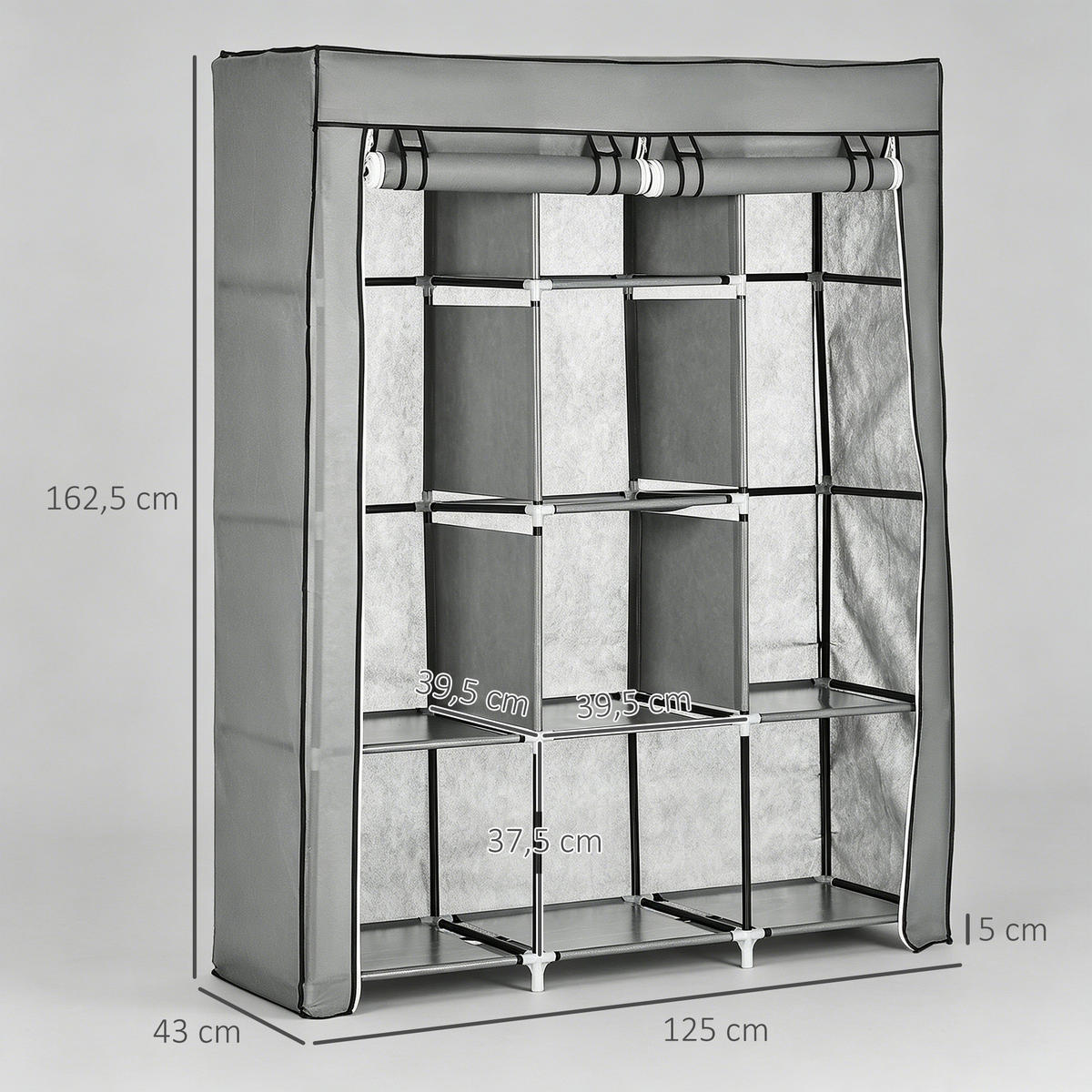 STOFFSCHRANK Grau 1 Stück - Grau, Holzwerkstoff (125/162.5/43cm) - GiPP