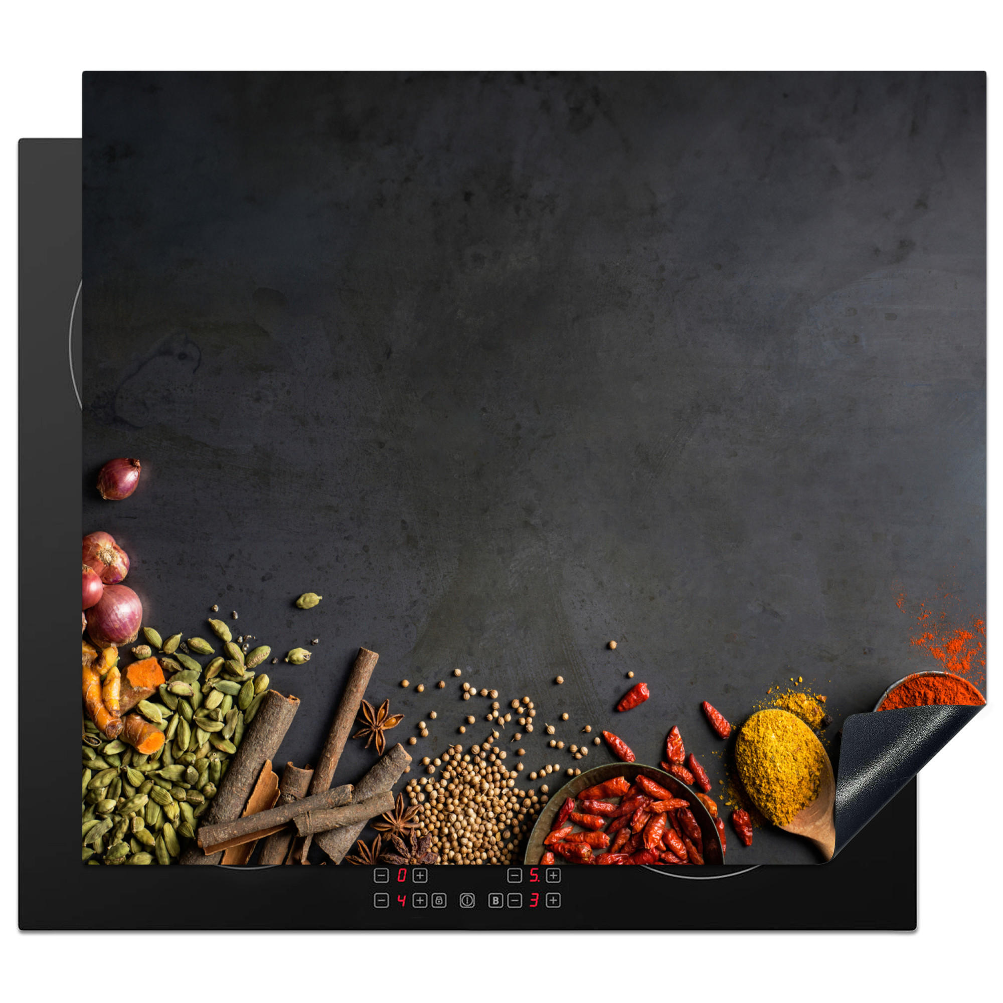 MuchoWow KRYT NA INDUKČNÍ DESKU Bylinky - Potraviny - Koření - Černá - Paprika - Skořice 59x52 cm