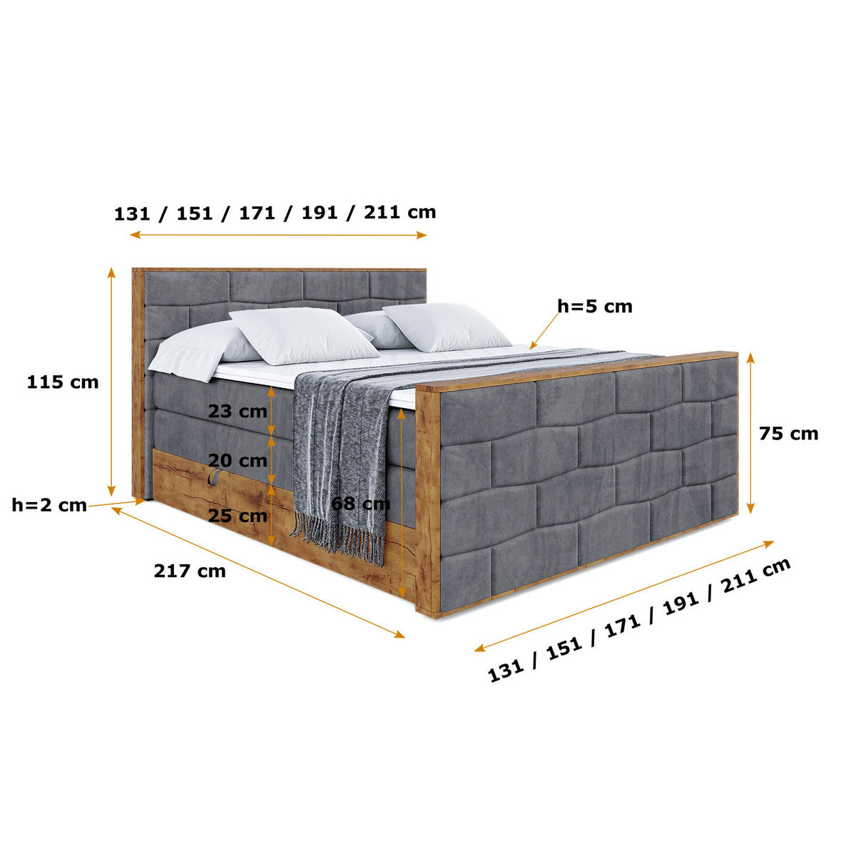 BOXSPRINGBETT mit Matratze H3|H4 und Lattenrost - LOLLI8-Z KING-160x200 - Dunkelgrau Casablanca - Dunkelgrau, Holzwerkstoff (160/200cm) - ALTDECOR