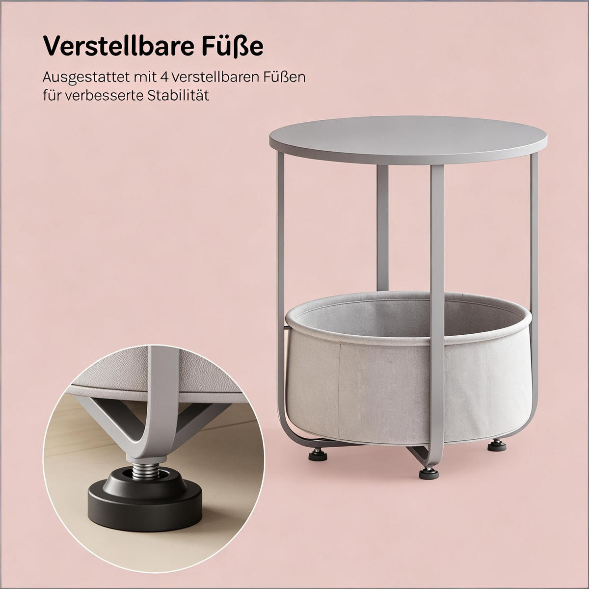 BEISTELLTISCH DE-37220 rund mit Stoffkorb Grau - Grau, Metall (45/45/50cm) - ComfortXL