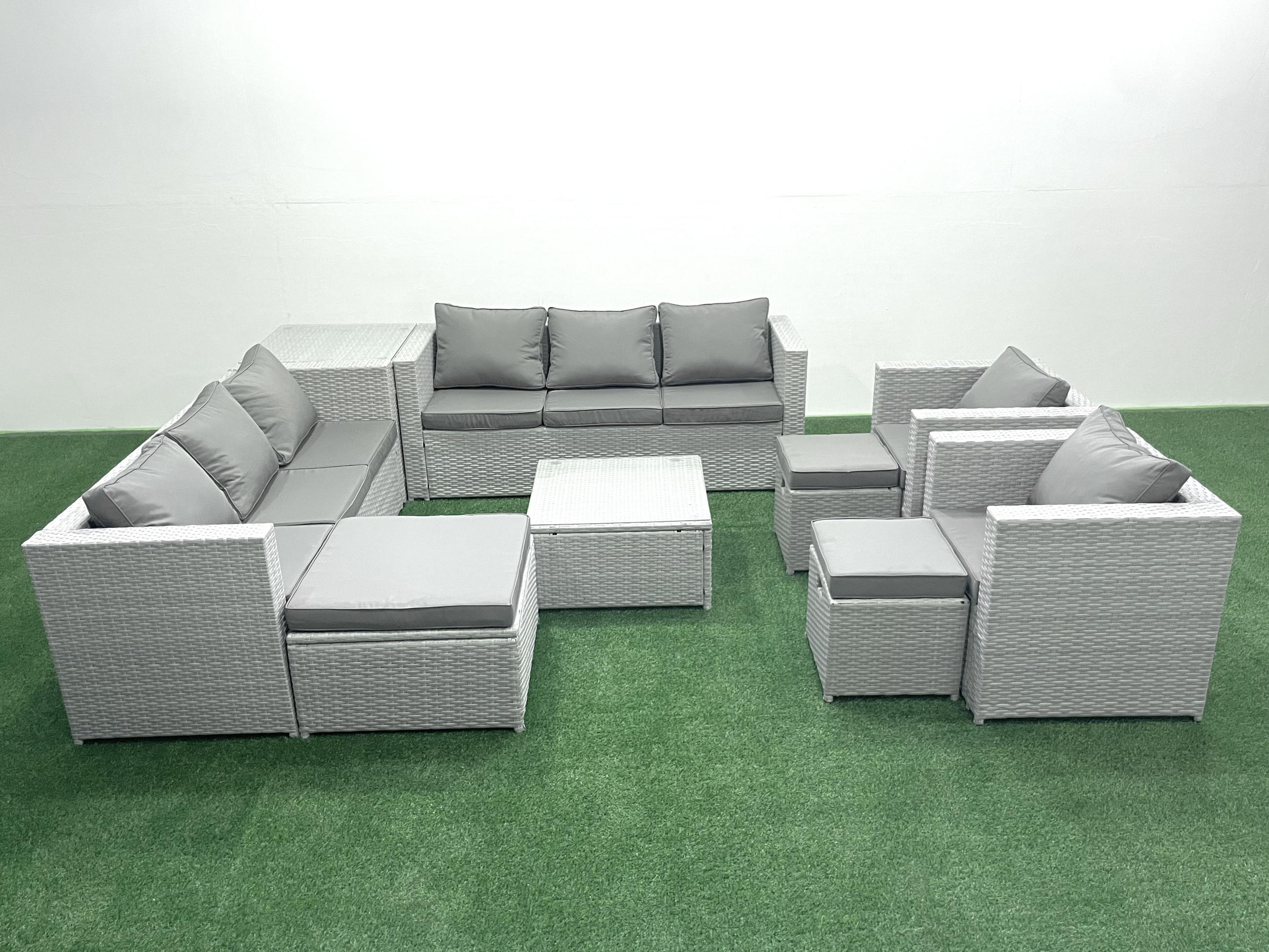 GARTENMÖBEL-SET mit Kissen Polyrattan Hellgrau-Mix 11-Sitzer - Hellgrau/Grau, Glas/Kunststoff - Fimous