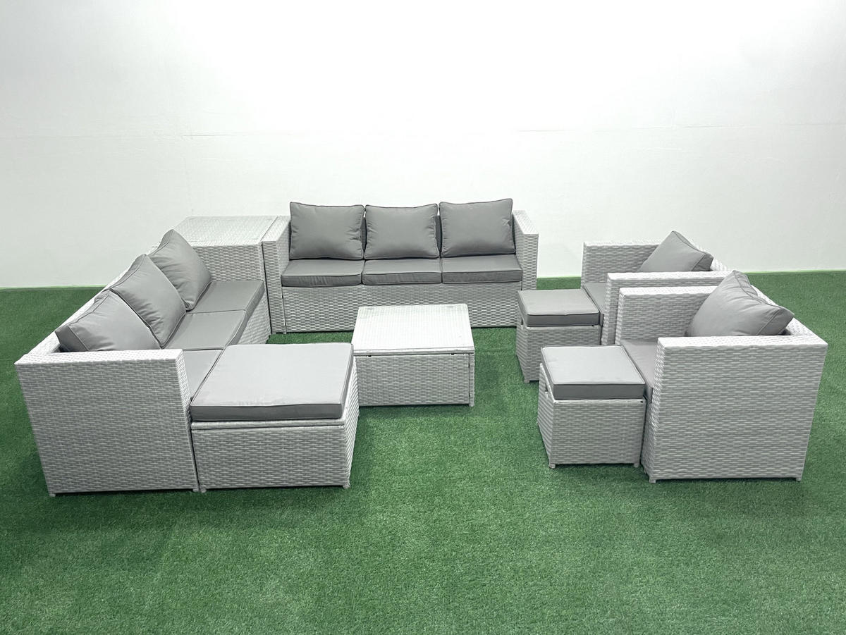 GARTENMÖBEL-SET mit Kissen Polyrattan Hellgrau-Mix 11-Sitzer - Hellgrau/Grau, Glas/Kunststoff - Fimous