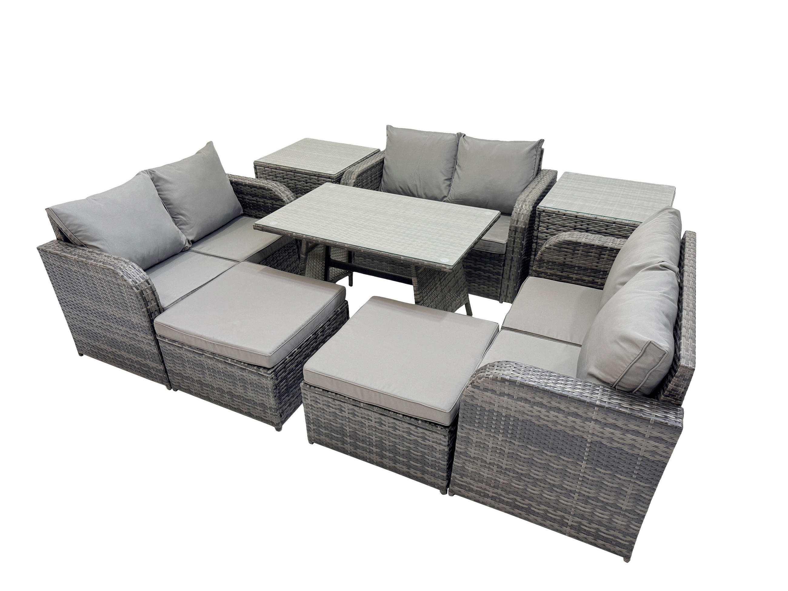 GARTENMÖBELSET mit ESSTISCH,SOFA Polyrattan 8-Sitzer - Dunkelgrau/Grau, Glas/Kunststoff - Fimous