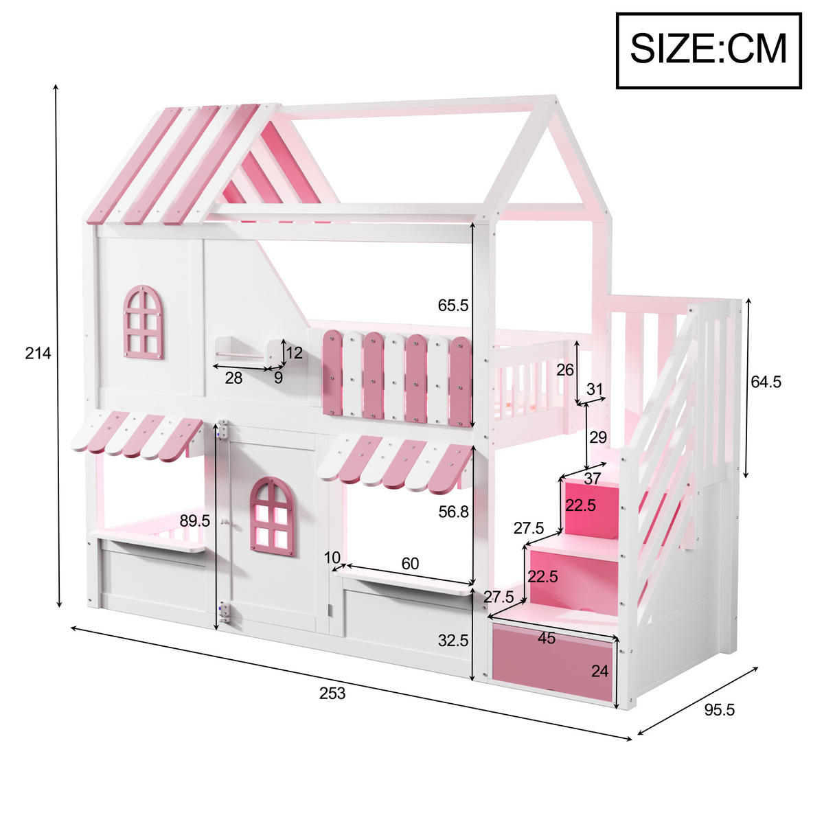 ETAGENBETT Hausdesign Weiß Rosa - Pink, Holz (90/200cm) - ComfortXL