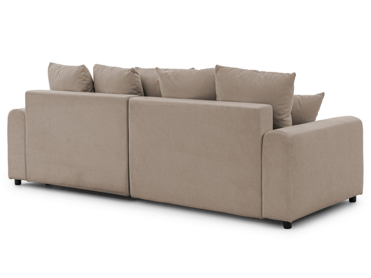 ECKSOFA Calma mit Schlaffunktion und Bettkasten im Bumpy-Design aus weichem Greige Webstoff - Ottomane rechts - Greige/Schwarz, Holz/Kunststoff (140/239cm) - S-Style