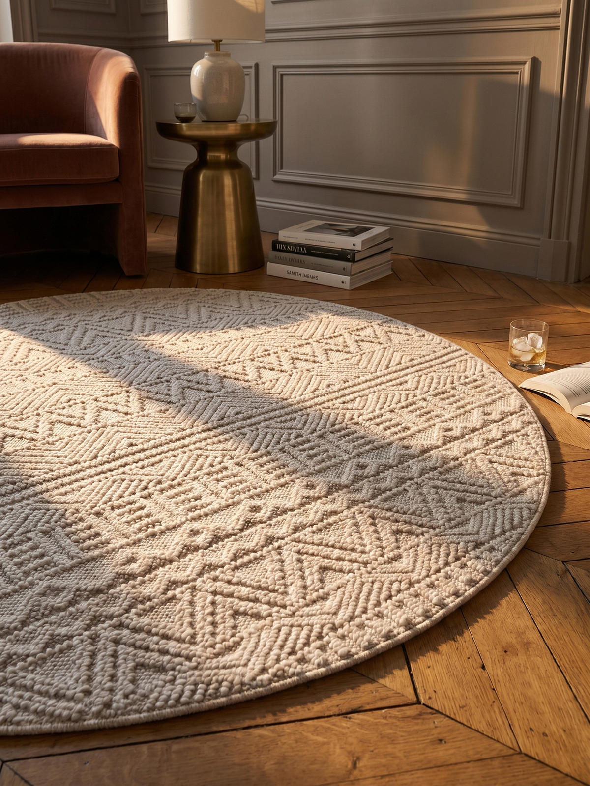 TEPPICH Flachgewebe LANGAU in Creme, mit Ethno-Streifen, Ø 200 cm - Creme, Textil (200/200cm) - KADIMA DESIGN