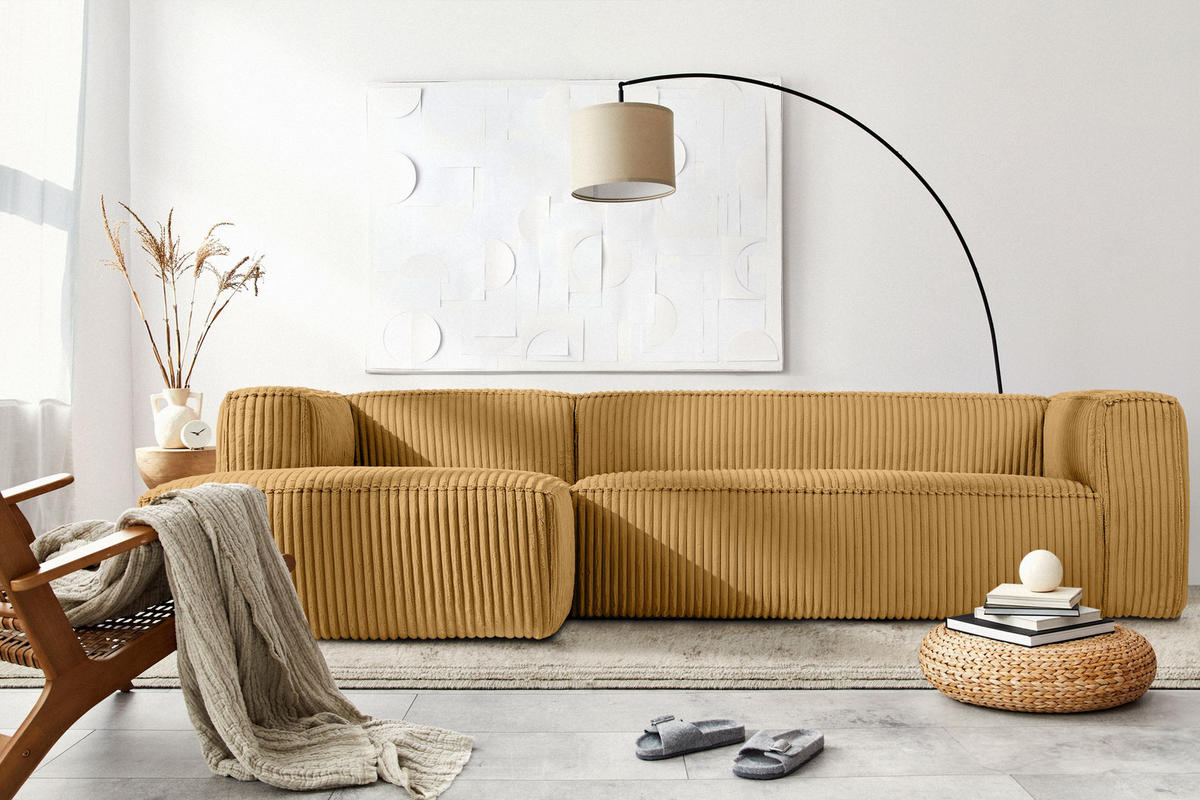ECKSOFA-LINKS FEROX Modern, Cord-Stoff, gelb - Gelb, Textil (305/175cm) - KONSIMO®