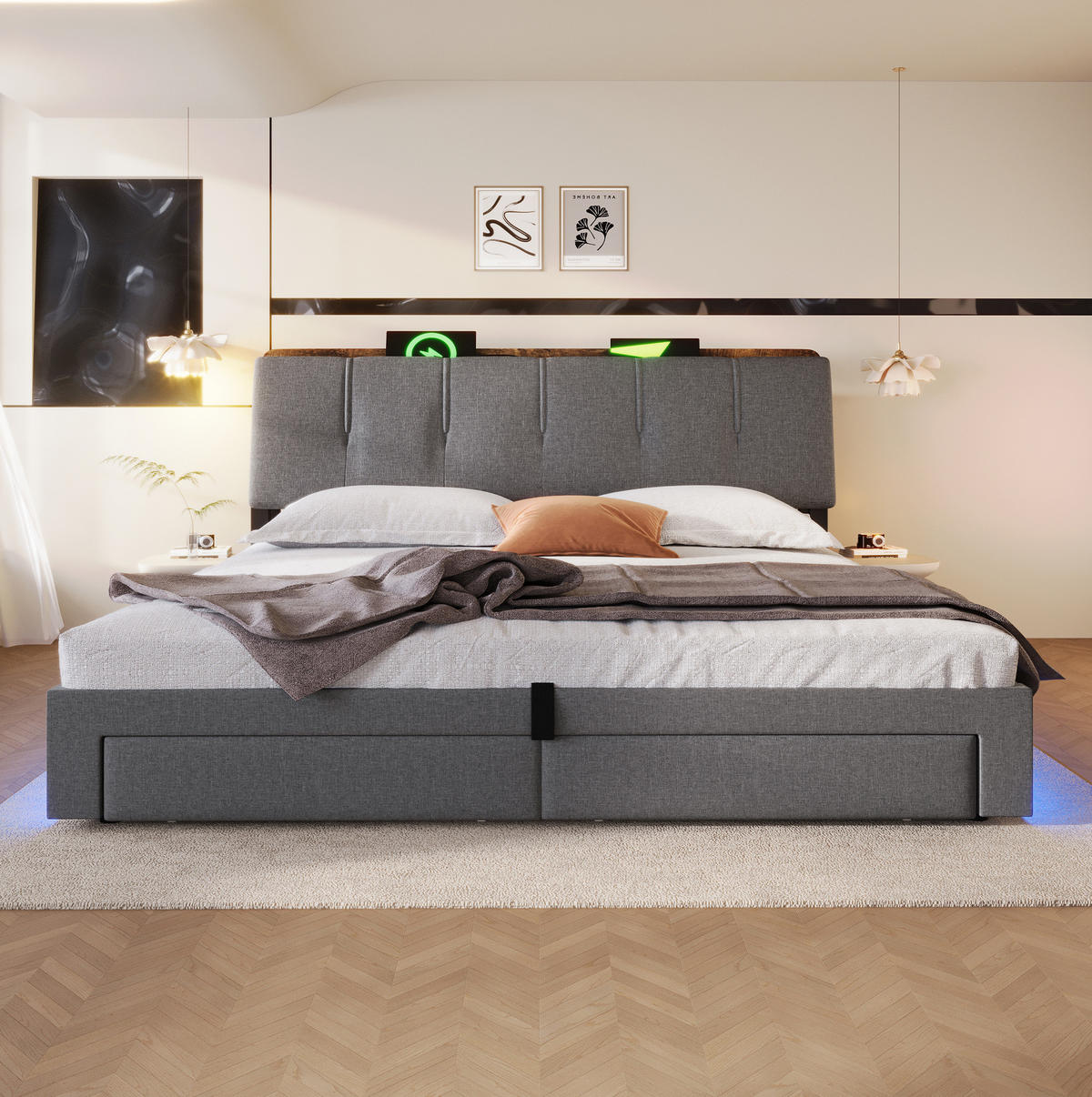 POLSTERBETT 180/200 cm aus Leinen mit LED-Beleuchtung und Stauraum Grau - Flieder, Textil (180/200cm) - Modenvie