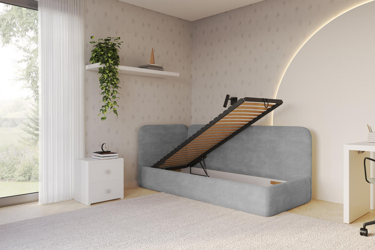 EINZELLBETT Jugendbett mit Bettkasten und Matratze H3/H4, Rechts - ELSY 80x200 Grau - Silberfarben, Holzwerkstoff/Textil (80/200cm) - ALTDECOR