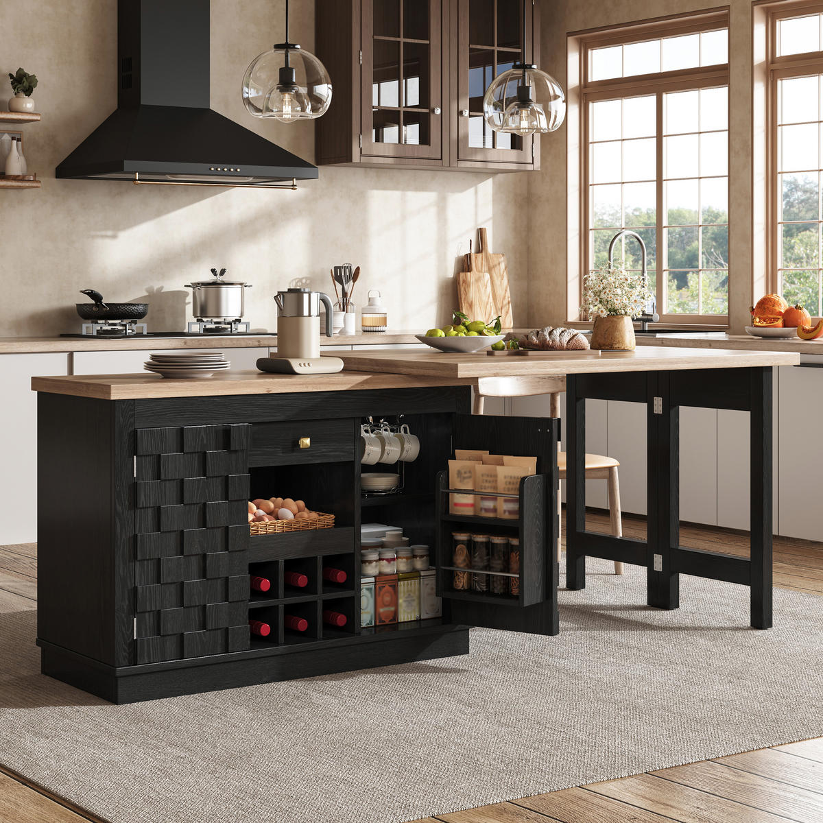 KÜCHENINSEL DE-38580 ausziehbar 120-197 cm 360° drehbar Schwarz - Schwarz, Holzwerkstoff (120/74.2/40cm) - ComfortXL