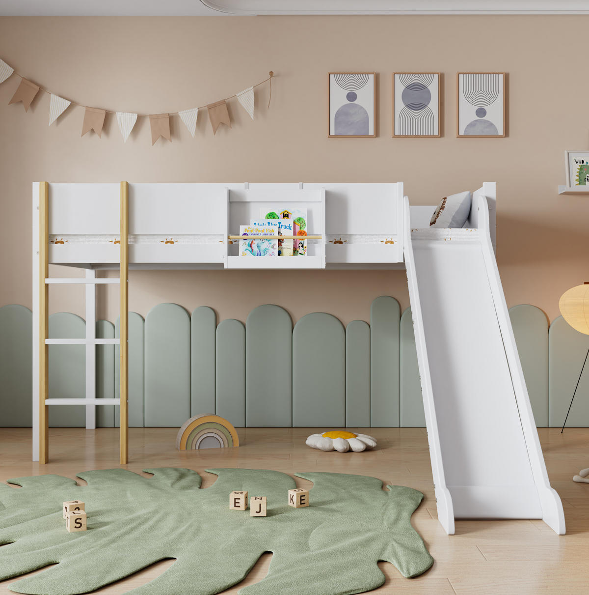 HOCHBETT aus Kiefer und MDF 90x200 cm Weiß/Natur mit Rutsche, gerader Leiter und abnehmbarem Regal - Weiß, Holzwerkstoff (90/200cm) - Modfu