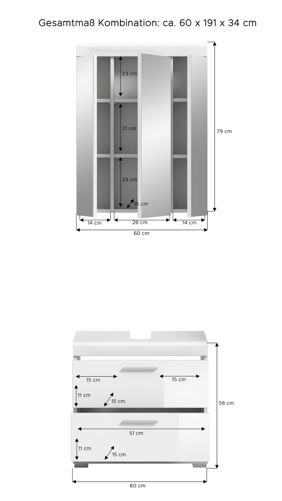 BADMÖBEL-SET weiß Hochglanz 2-teilig 60 cm, Kombination mit Spiegelschrank - Weiß Hochglanz, Glas/Holzwerkstoff (60/191/37cm) - Inn.Furn