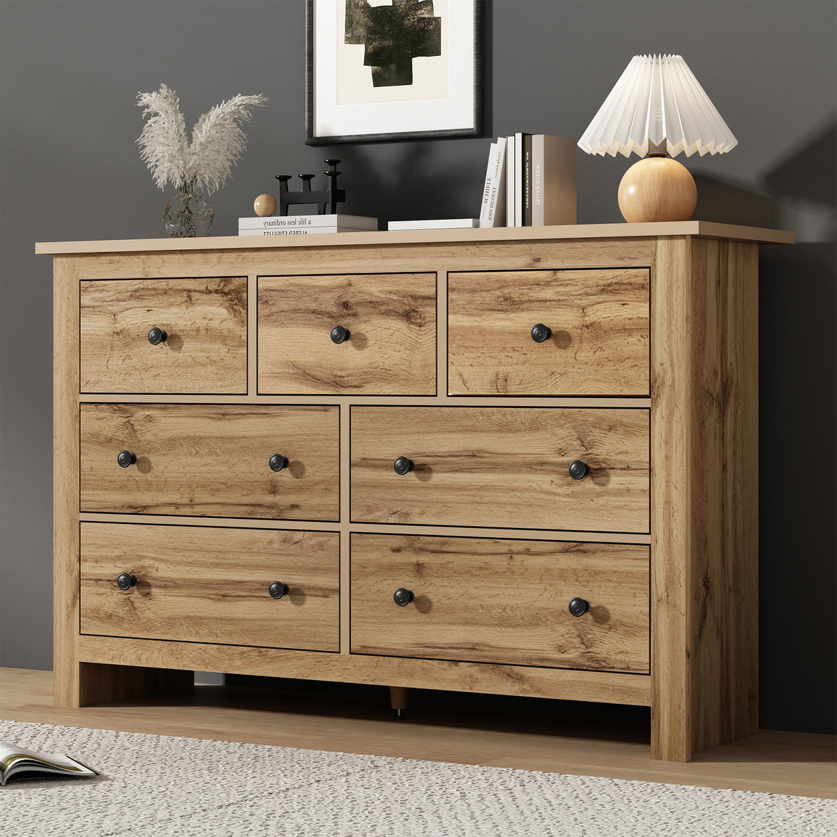 SIDEBOARD Holz 7 Schubladen Modern Stauraum Minimalistisch - Naturfarben, Holzwerkstoff (40/89/152cm) - FLIEKS